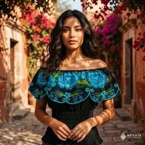 Mexican Chiapas blouse on;y  will fit XSMALL  S M elastic bodice Multicolor blue